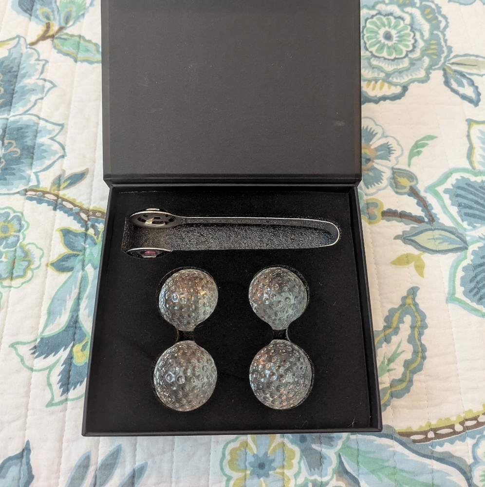 Glass Golf Ball Drink Chillers With Tongs Set, New With Gift Box